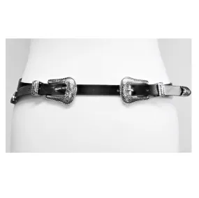 1.8cm Black Skinny Western Style Belt with Patterned Silver Buckle