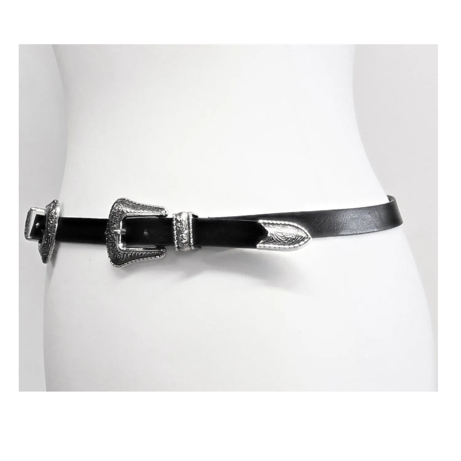 1.8cm Black Skinny Western Style Belt with Patterned Silver Buckle