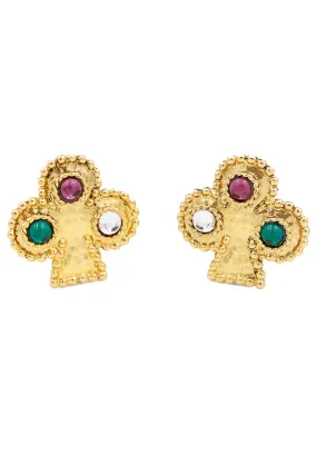 1980s Edouard Rambaud Hammered Gold Clubs Earrings w Colorful Stones