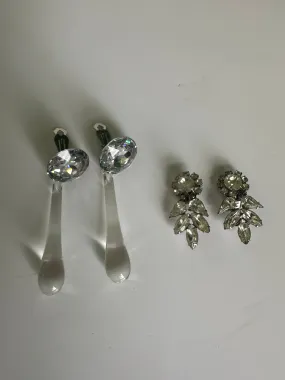 2 Vintage glamour Art Deco clear Rhinestones clip on earrings 1950s