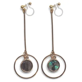 Abalone Shell and Dangle Long Round Hoop Invisible Clip on Earrings