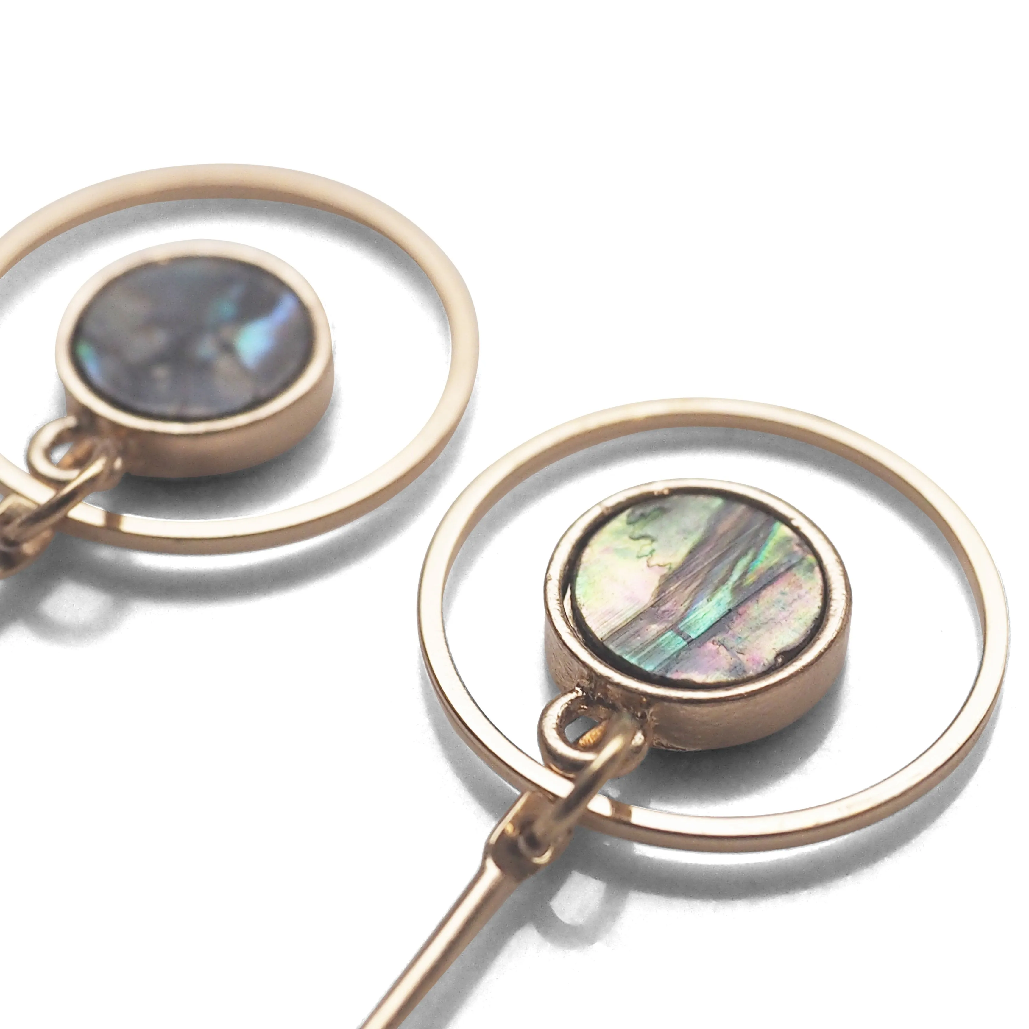 Abalone Shell and Dangle Long Round Hoop Invisible Clip on Earrings