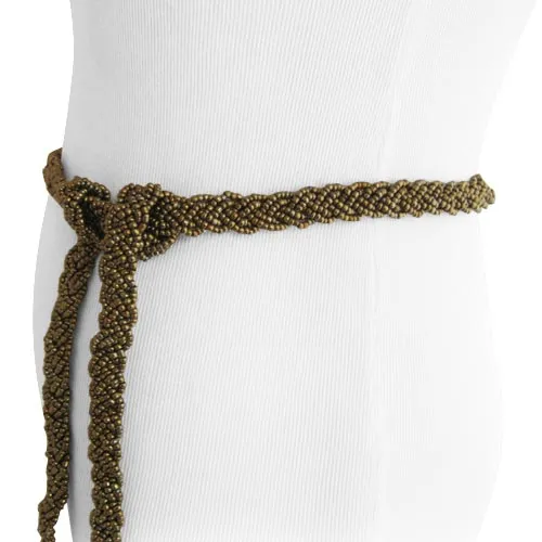 Antique Gold Braid Beaded Women's Belt with Natural Wood Buckle