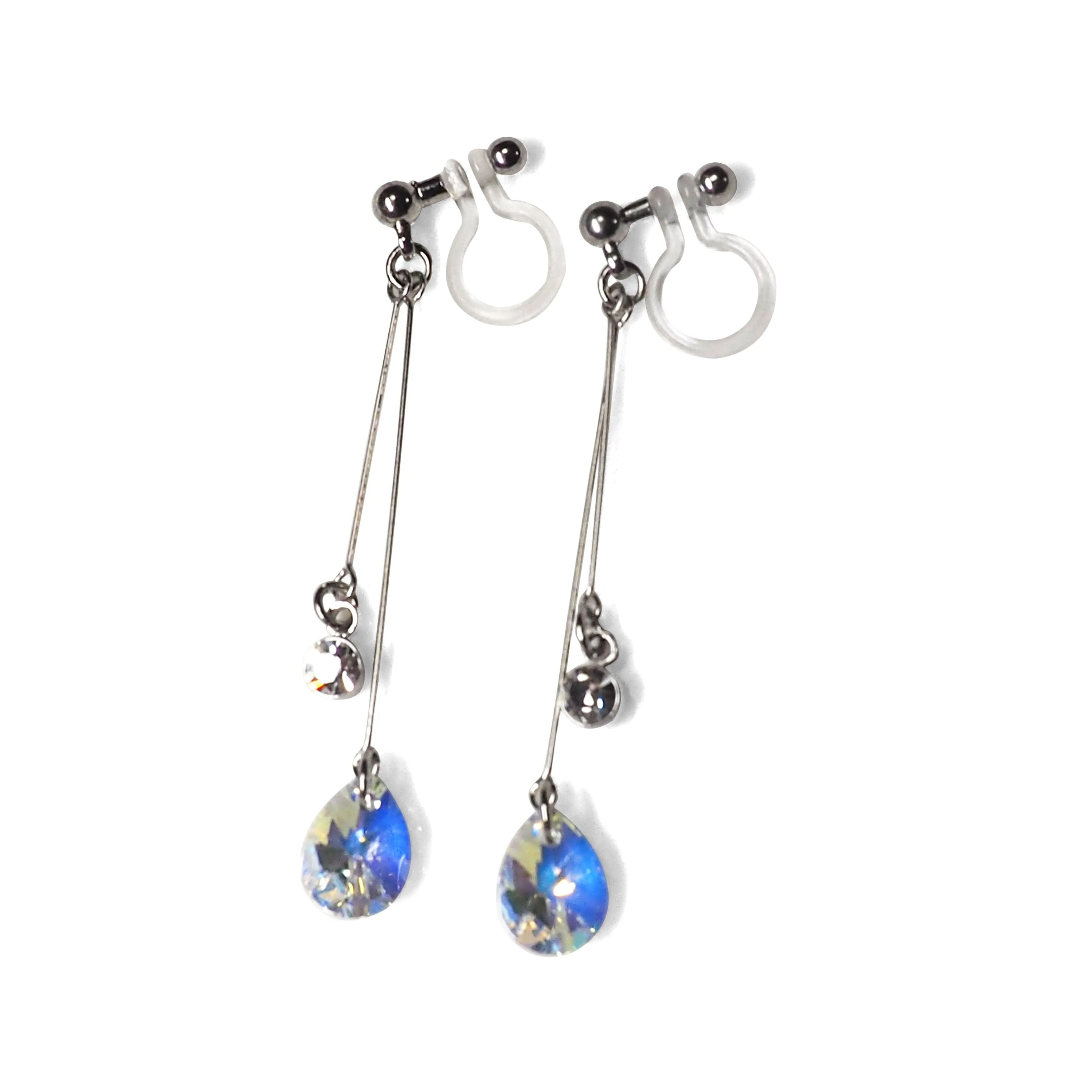 Aurora Borealis Teardrop Swarovski Invisible Clip On Earrings