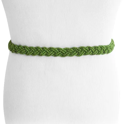 Avocado Green Braid Beaded Women's Belt with Natural Wood Buckle