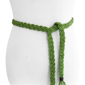 Avocado Green Braid Beaded Women's Belt with Natural Wood Buckle