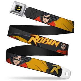 Batman Full Color Black Yellow Seatbelt Belt - ROBIN Red/Black Poses Gray Webbing