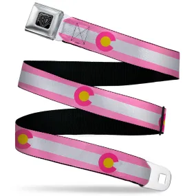 BD Wings Logo CLOSE-UP Black/Silver Seatbelt Belt - Colorado Flags5 Repeat Light Pink/White/Pink/Yellow Webbing