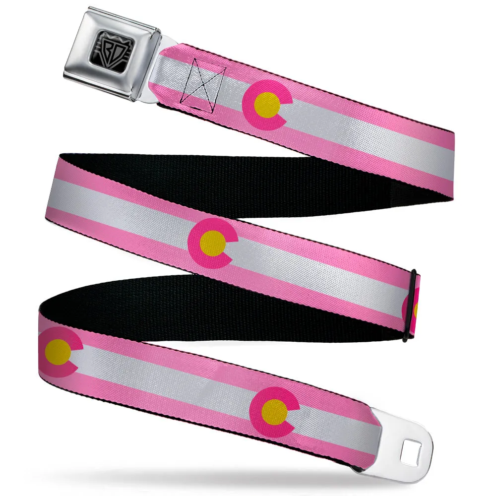 BD Wings Logo CLOSE-UP Black/Silver Seatbelt Belt - Colorado Flags5 Repeat Light Pink/White/Pink/Yellow Webbing