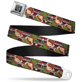 BD Wings Logo CLOSE-UP Full Color Black Silver Seatbelt Belt - Christmas Elves/Stripes Black/Red/White/Green Webbing