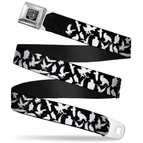 BD Wings Logo CLOSE-UP Full Color Black Silver Seatbelt Belt - Eagle Silhouettes Scattered Black/White Webbing