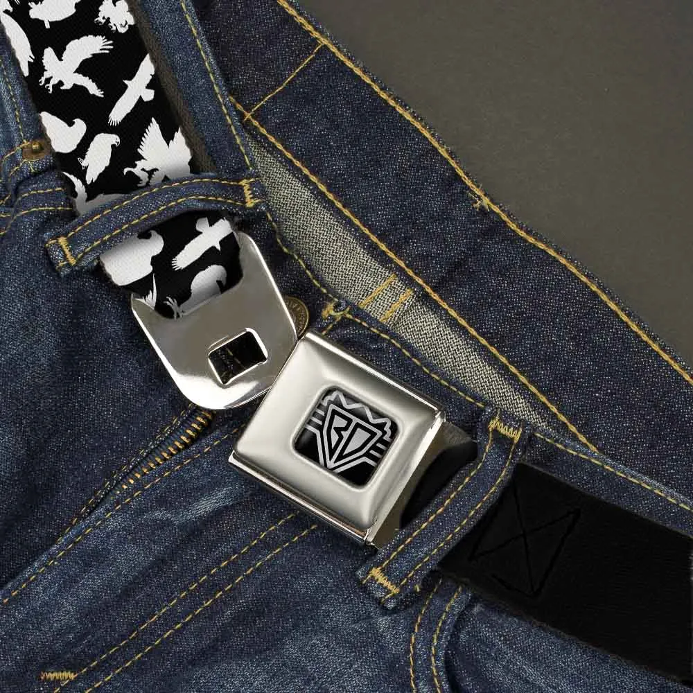 BD Wings Logo CLOSE-UP Full Color Black Silver Seatbelt Belt - Eagle Silhouettes Scattered Black/White Webbing