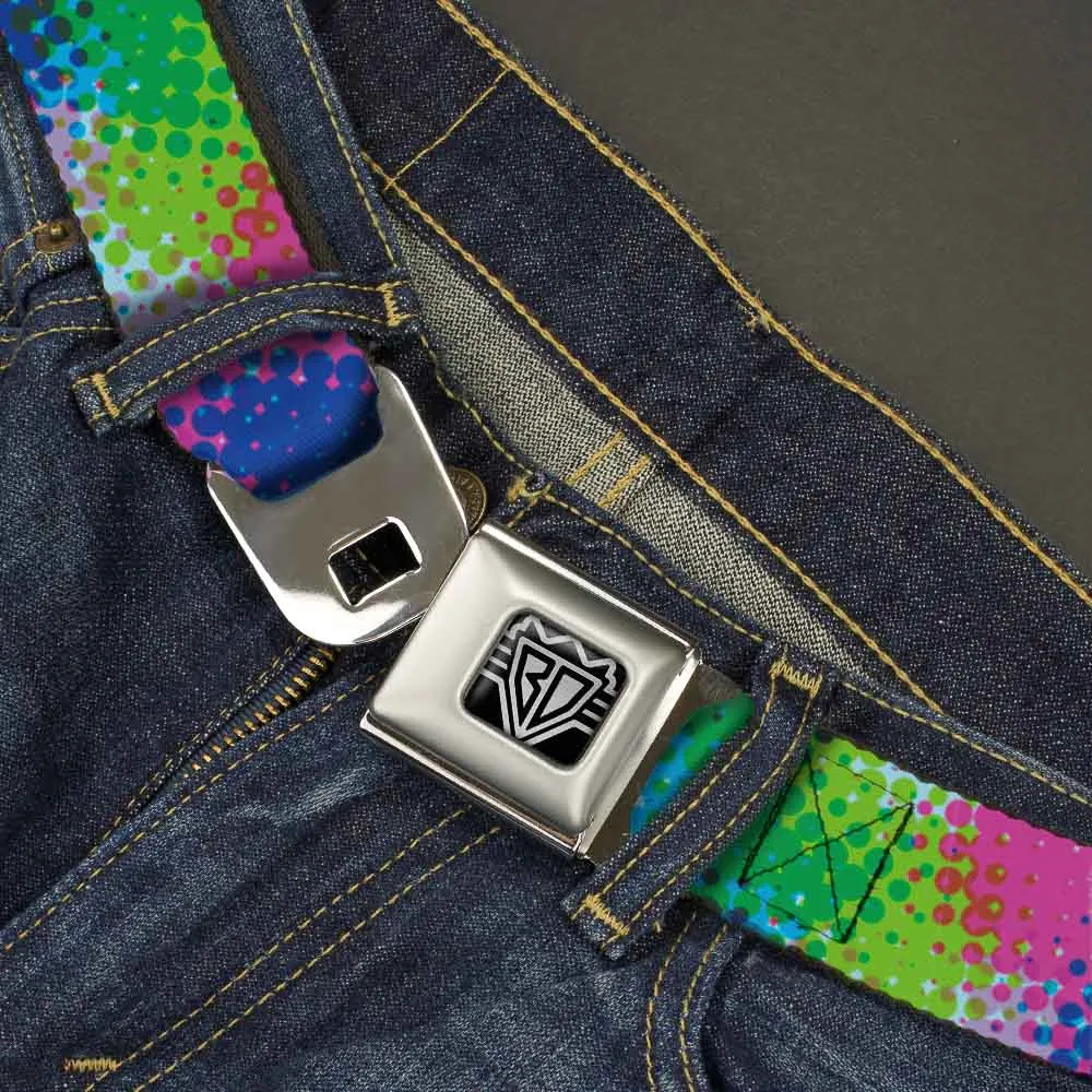 BD Wings Logo CLOSE-UP Full Color Black Silver Seatbelt Belt - Halftone Dots Light Blue/Blues/Greens/Pinks Webbing