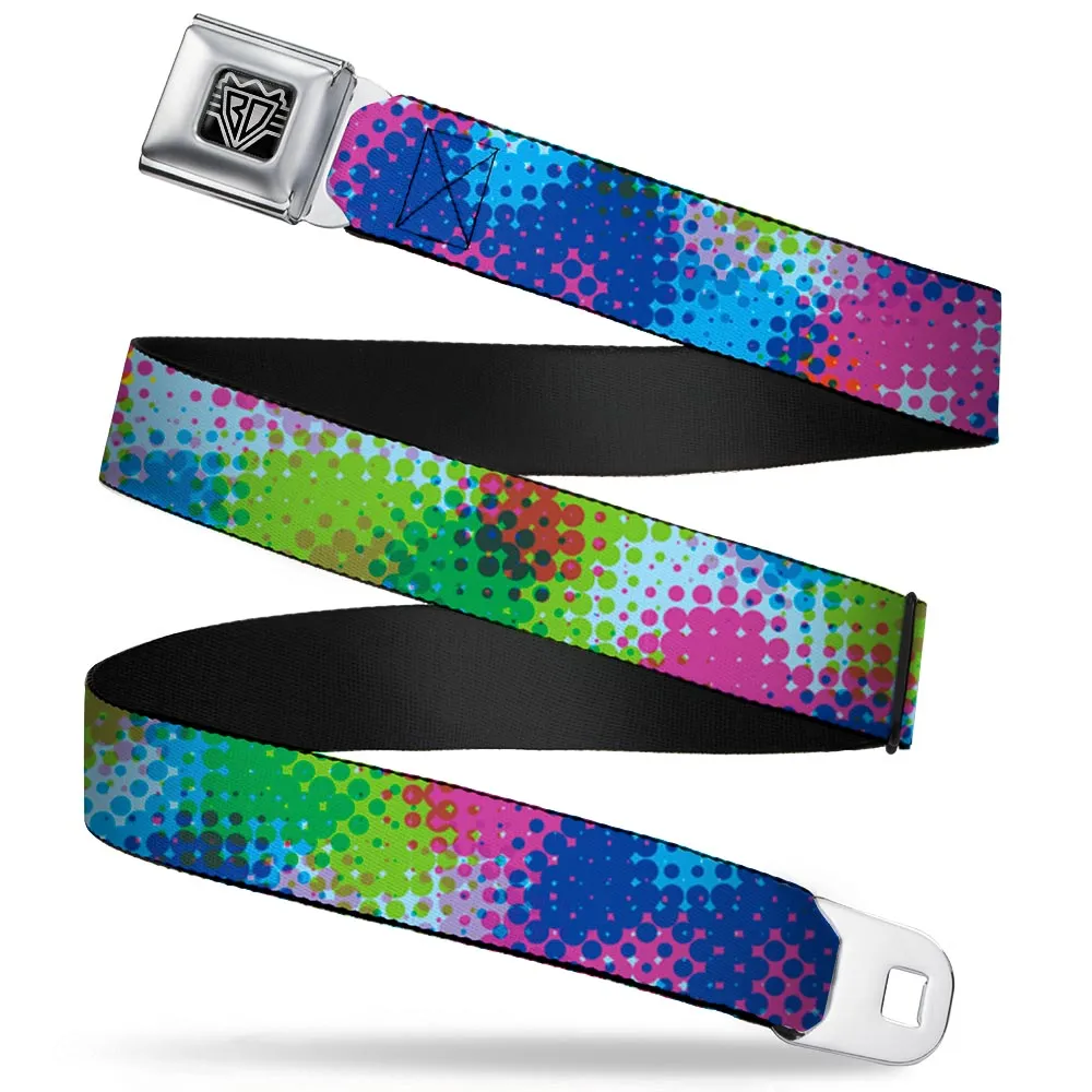 BD Wings Logo CLOSE-UP Full Color Black Silver Seatbelt Belt - Halftone Dots Light Blue/Blues/Greens/Pinks Webbing