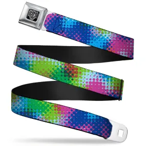 BD Wings Logo CLOSE-UP Full Color Black Silver Seatbelt Belt - Halftone Dots Light Blue/Blues/Greens/Pinks Webbing