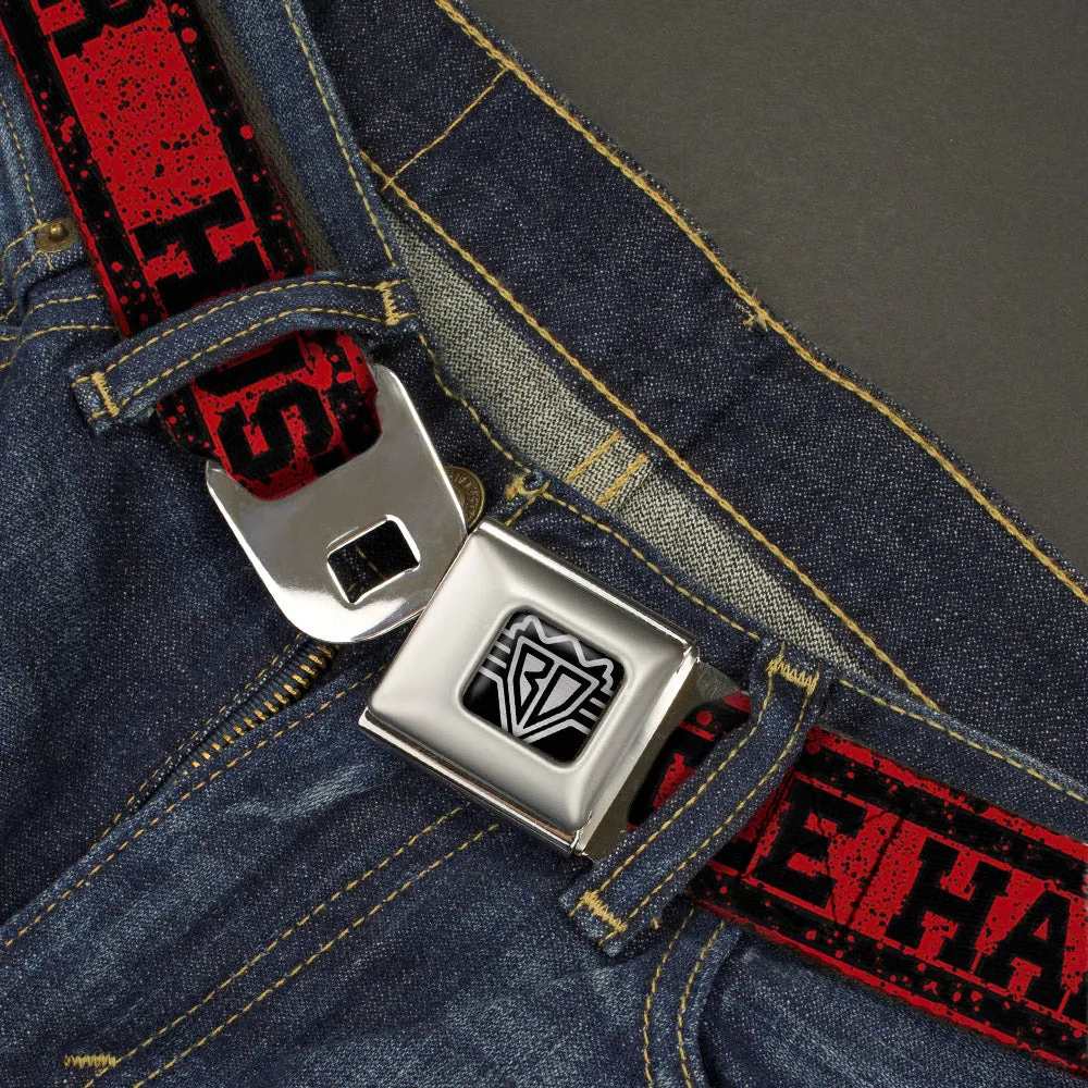 BD Wings Logo CLOSE-UP Full Color Black Silver Seatbelt Belt - HUSTLE HARDER/Stripes Weathered Red/Black Webbing