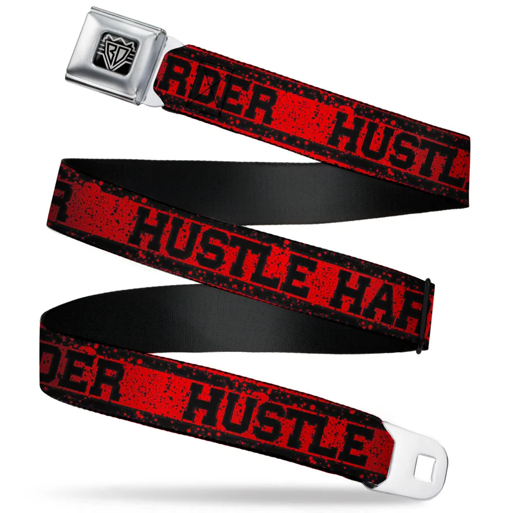 BD Wings Logo CLOSE-UP Full Color Black Silver Seatbelt Belt - HUSTLE HARDER/Stripes Weathered Red/Black Webbing