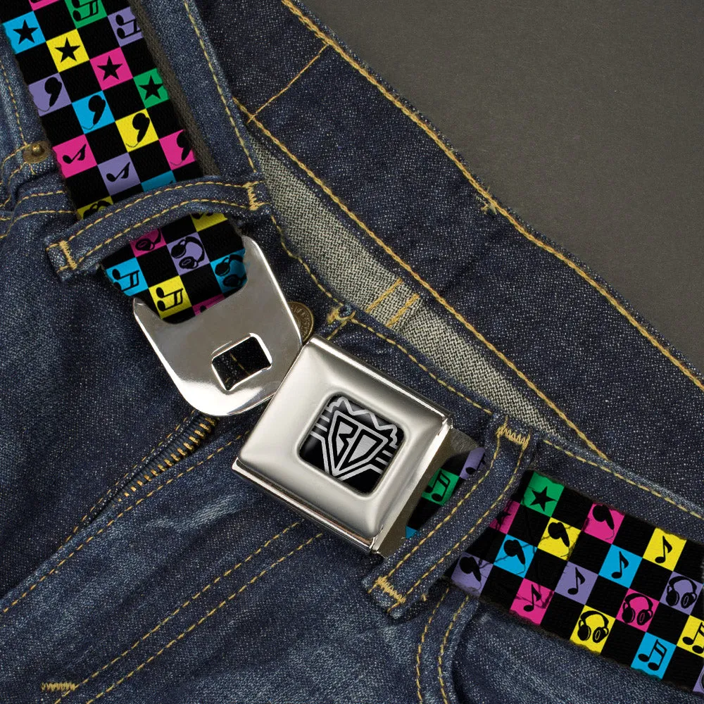 BD Wings Logo CLOSE-UP Full Color Black Silver Seatbelt Belt - Musical Checkers Black/Neon Webbing