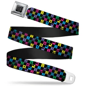 BD Wings Logo CLOSE-UP Full Color Black Silver Seatbelt Belt - Musical Checkers Black/Neon Webbing