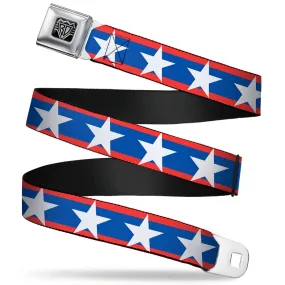 BD Wings Logo CLOSE-UP Full Color Black Silver Seatbelt Belt - Stars/Stripes Red/Blue/White Webbing