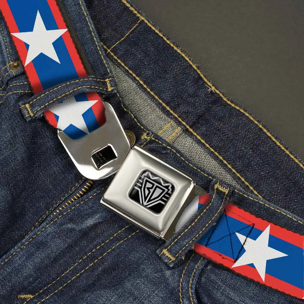 BD Wings Logo CLOSE-UP Full Color Black Silver Seatbelt Belt - Stars/Stripes Red/Blue/White Webbing