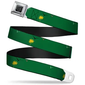 BD Wings Logo CLOSE-UP Full Color Black Silver Seatbelt Belt - Tropical Flora Greens/Reds/Gold Webbing