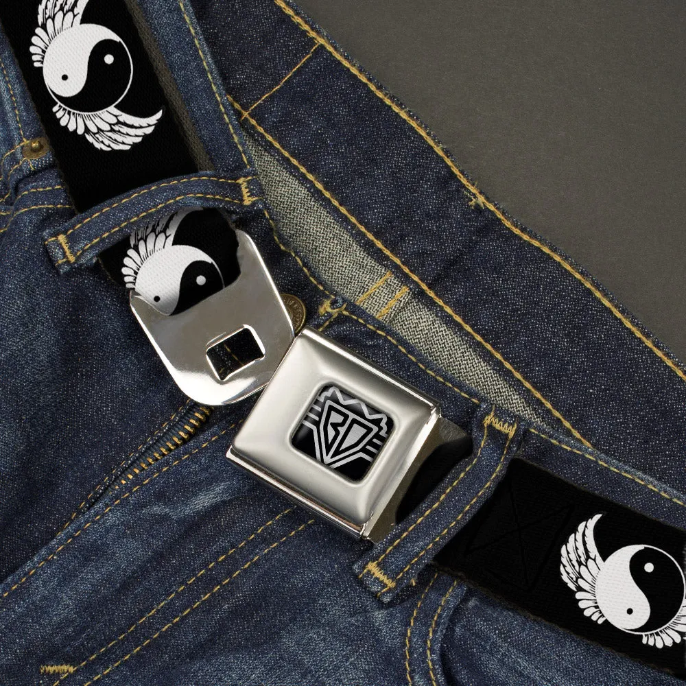 BD Wings Logo CLOSE-UP Full Color Black Silver Seatbelt Belt - Yin Yang w/Wings Black/White Webbing