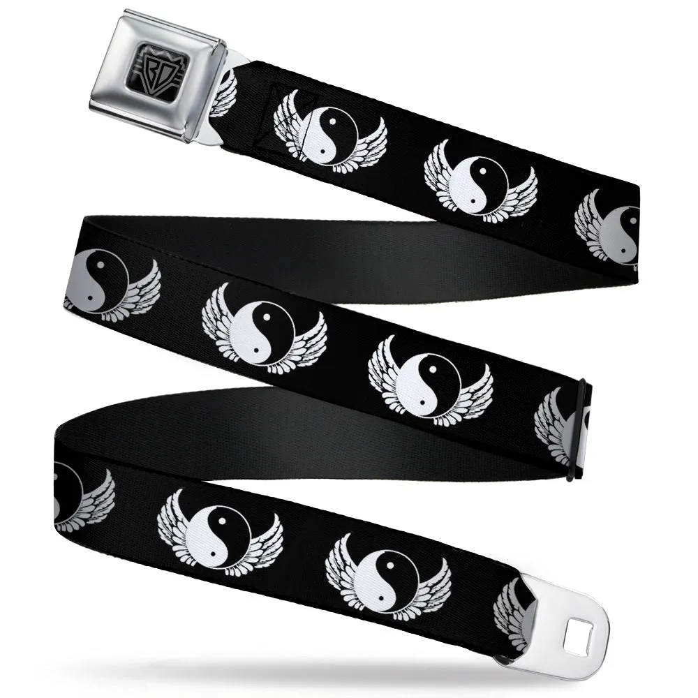 BD Wings Logo CLOSE-UP Full Color Black Silver Seatbelt Belt - Yin Yang w/Wings Black/White Webbing