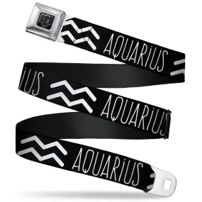 BD Wings Logo CLOSE-UP Full Color Black Silver Seatbelt Belt - Zodiac AQUARIUS/Symbol Black/White Webbing