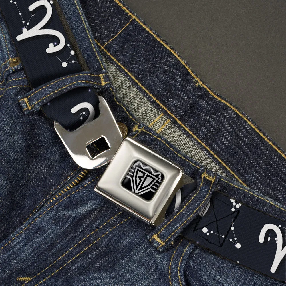 BD Wings Logo CLOSE-UP Full Color Black Silver Seatbelt Belt - Zodiac Aries Symbol/Constellations Black/White Webbing