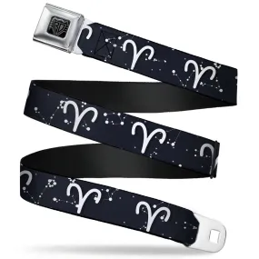 BD Wings Logo CLOSE-UP Full Color Black Silver Seatbelt Belt - Zodiac Aries Symbol/Constellations Black/White Webbing