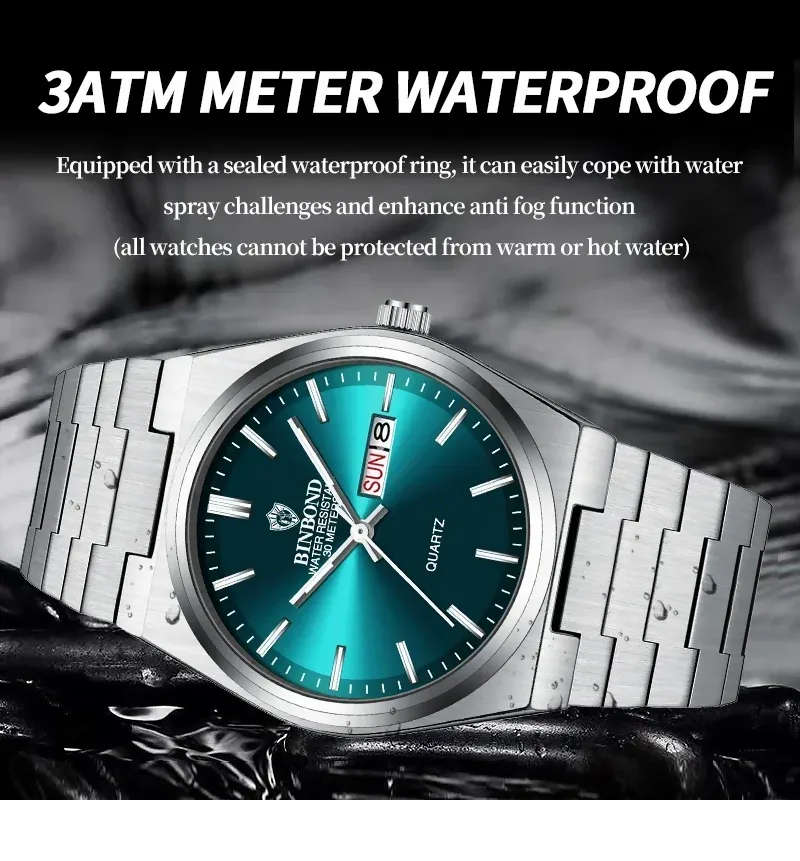 BINBOND Luxury Men Quartz Watch for Man Waterproof Luminous Date Week Stainless Steel Wristwatch Male