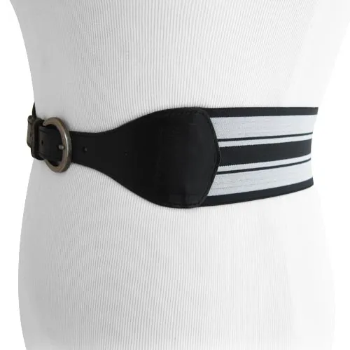 Black and White striped Leather Women's Stretch Belt