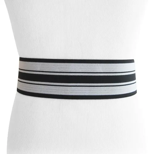 Black and White striped Leather Women's Stretch Belt