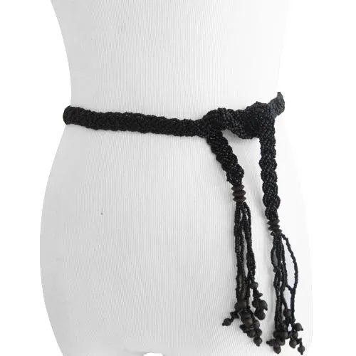 Black Braid Beaded Tassel Belt with Natural Wood Buckle