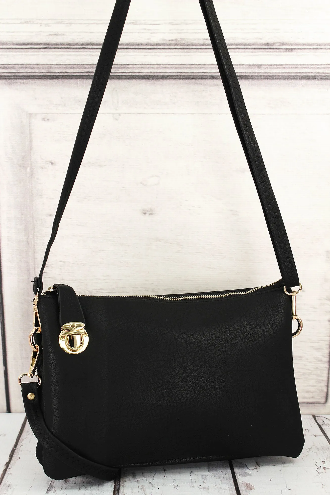 Black Faux Leather Buckle Lock Crossbody Clutch