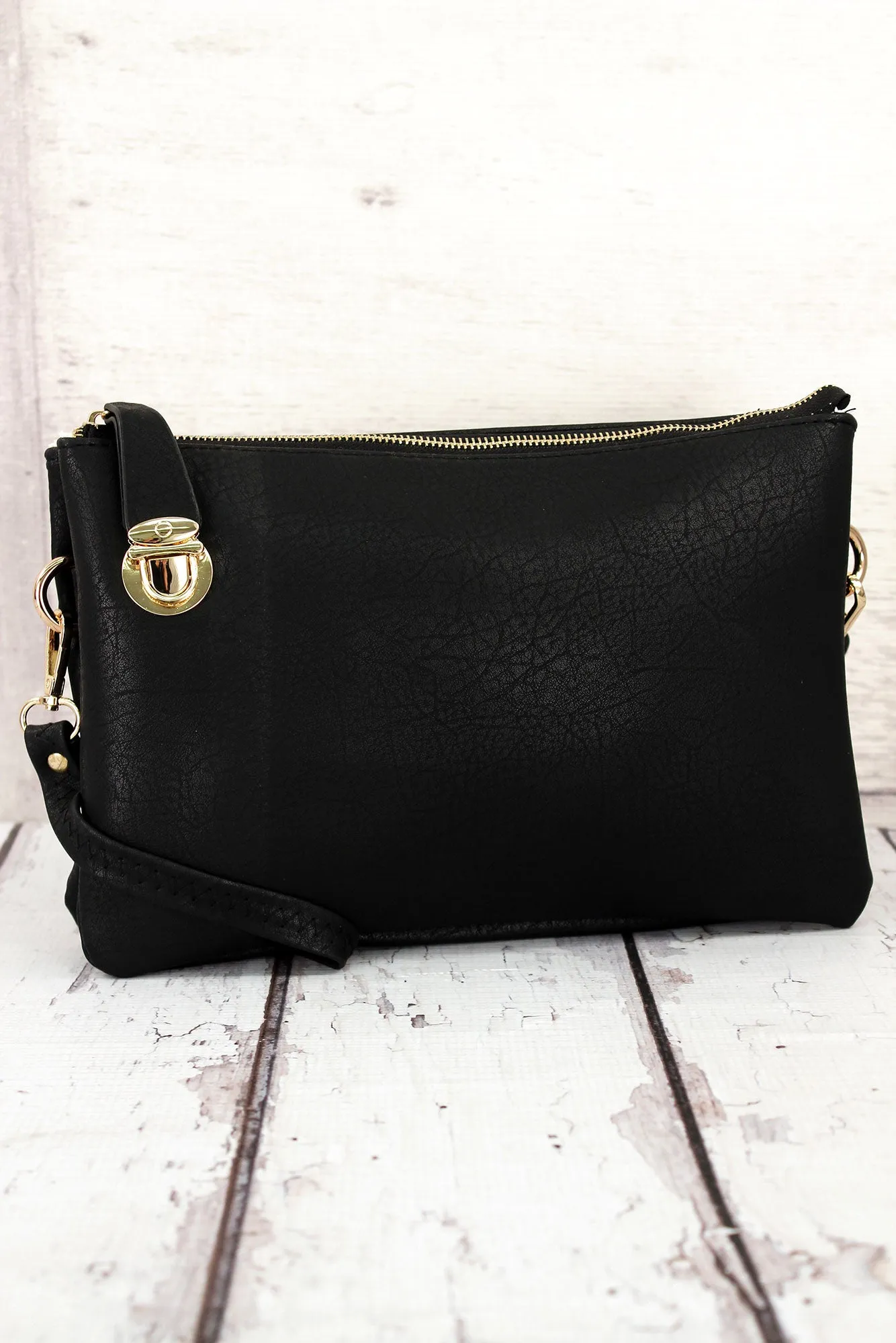 Black Faux Leather Buckle Lock Crossbody Clutch