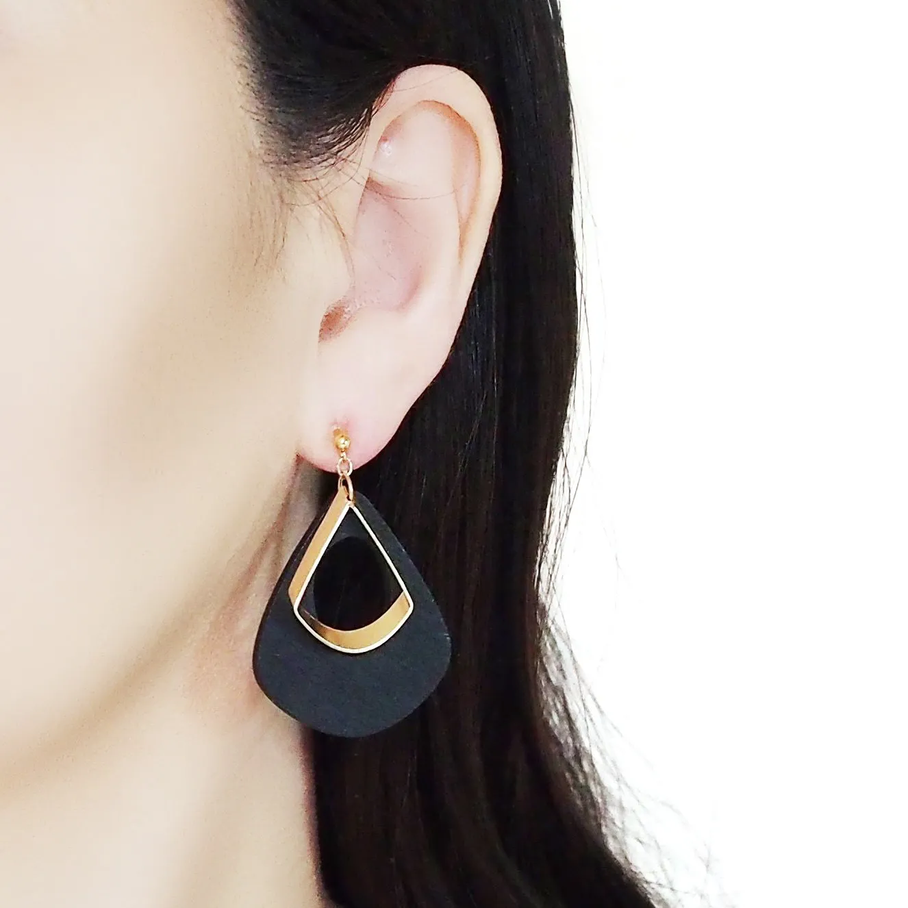 Black Teardrop Wood Hoop Invisible Clip On Earrings