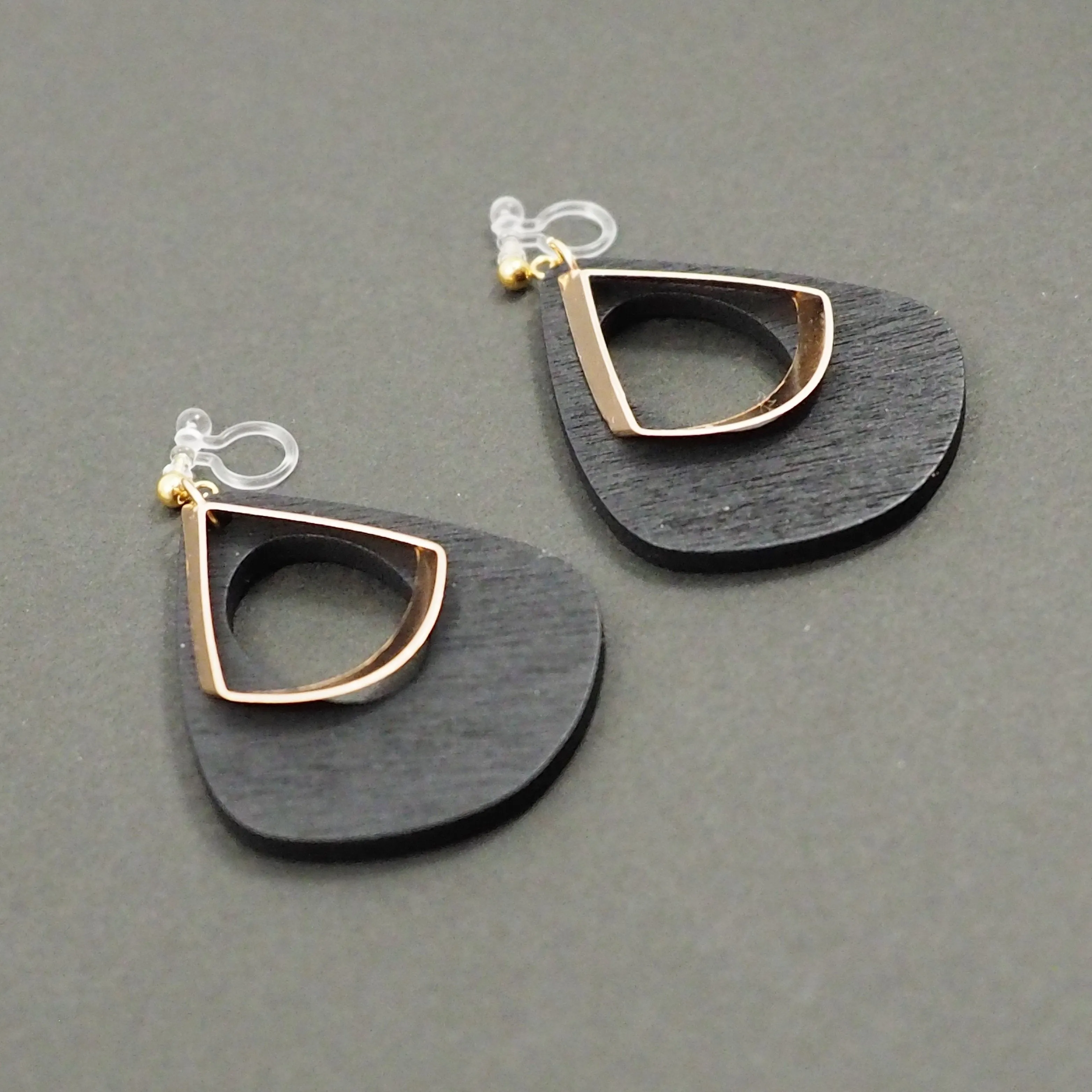 Black Teardrop Wood Hoop Invisible Clip On Earrings