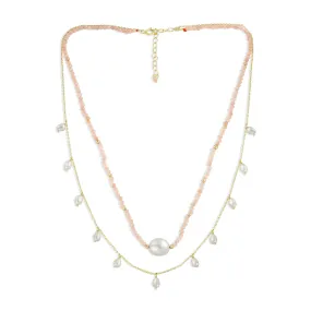 Boho Minimalist Choker Necklace with Pink Gemstones & Baroque Pearl 18K Gold Plated