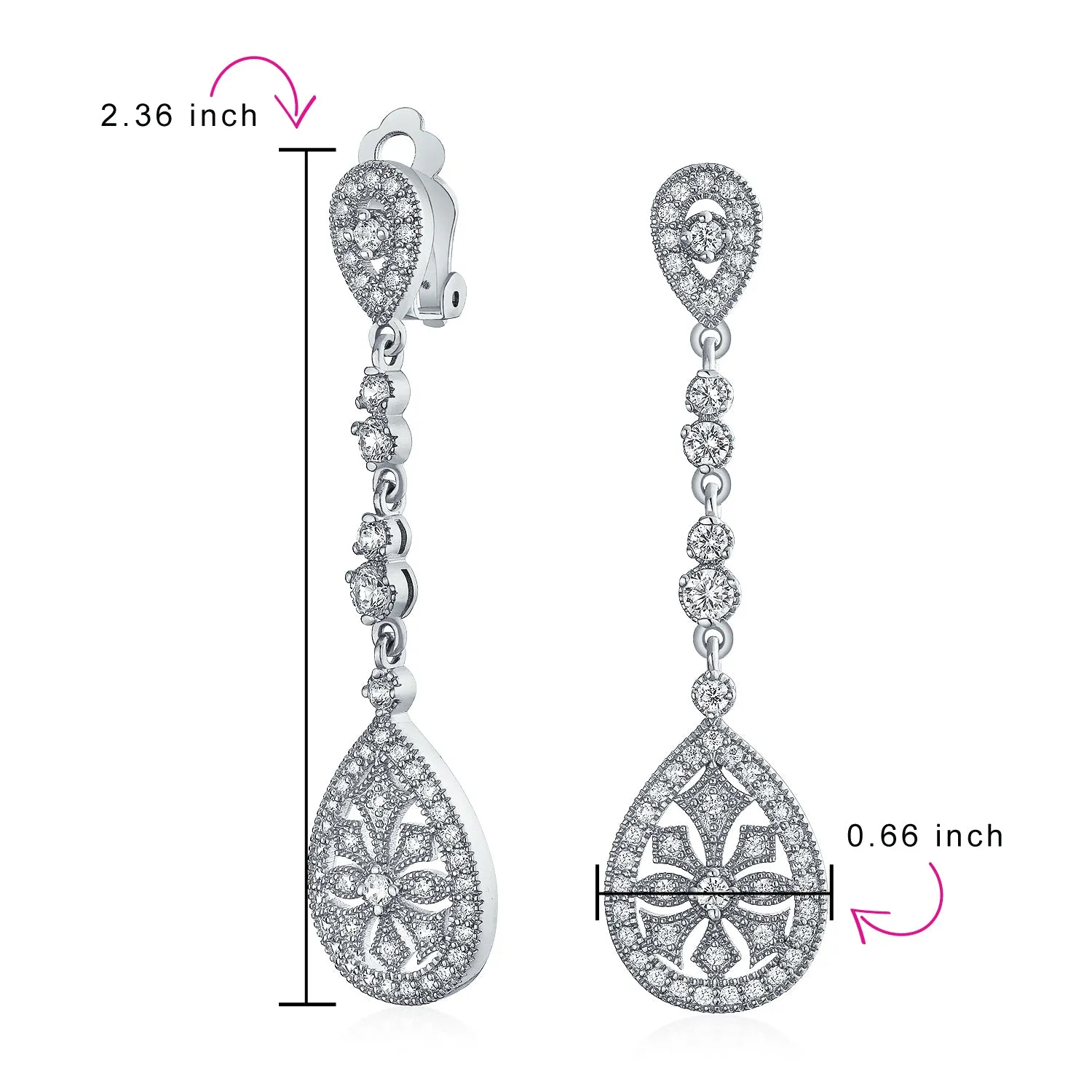 Bridal Art Deco Filigree Teardrop Cubic Zirconia Clip-On Earrings GoldSilver