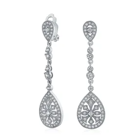 Bridal Art Deco Filigree Teardrop Cubic Zirconia Clip-On Earrings GoldSilver