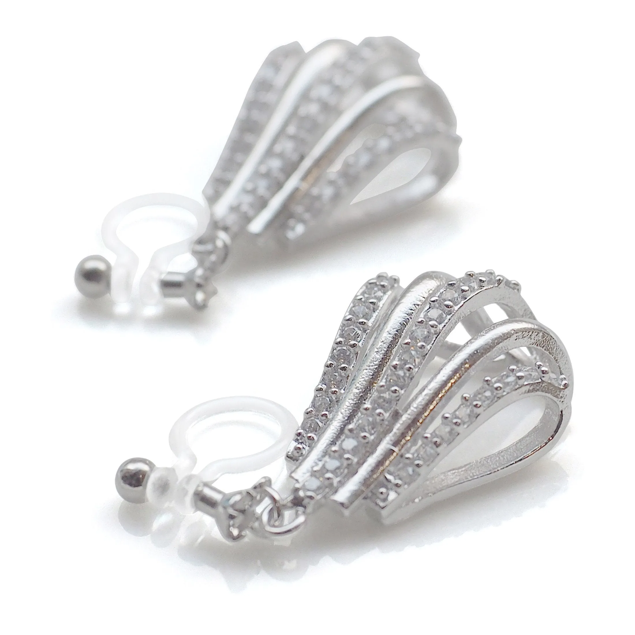 Bridal drop micro pave cubic zirconia invisible clip on earrings ( silver tone )