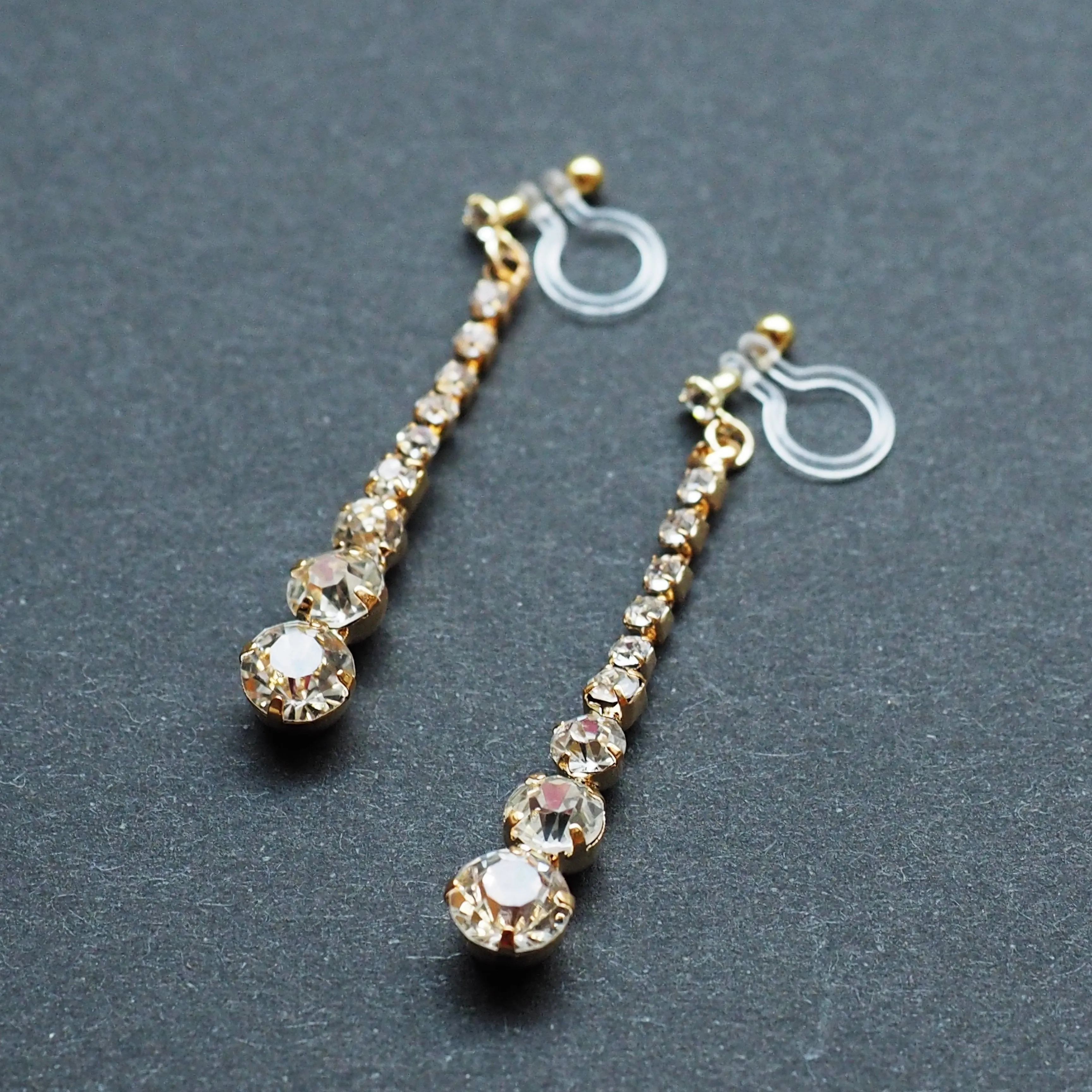 Bridal long rhinestone crystal invisible clip on earrings ( gold tone )