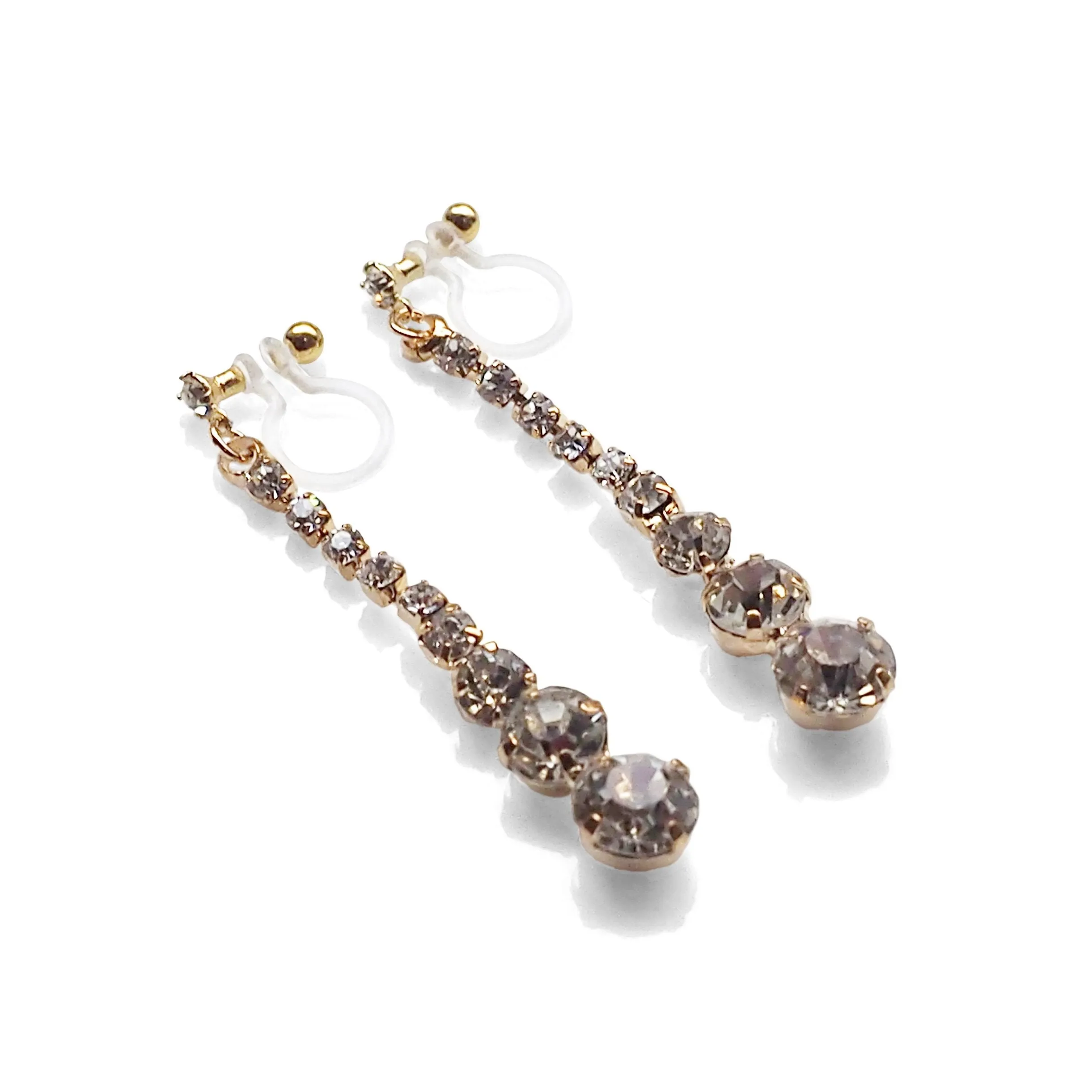 Bridal long rhinestone crystal invisible clip on earrings ( gold tone )