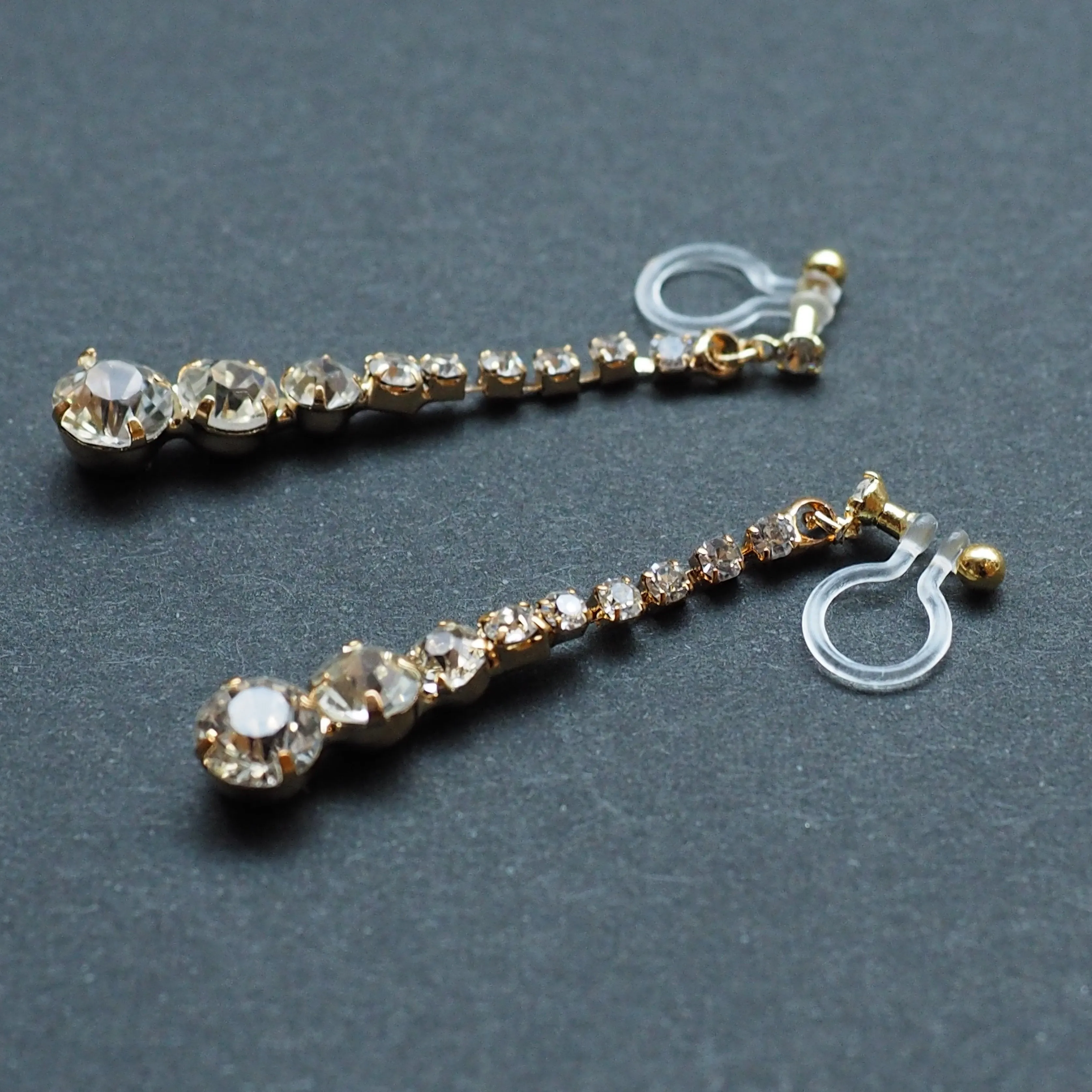 Bridal long rhinestone crystal invisible clip on earrings ( gold tone )