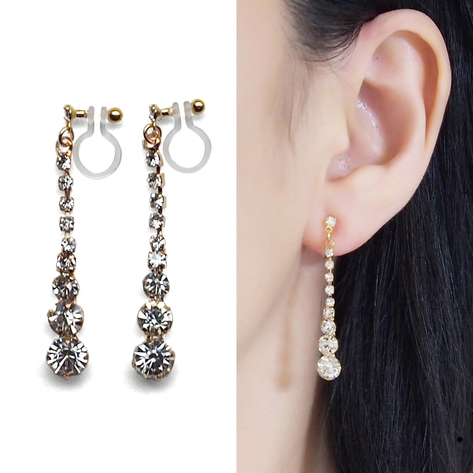 Bridal long rhinestone crystal invisible clip on earrings ( gold tone )