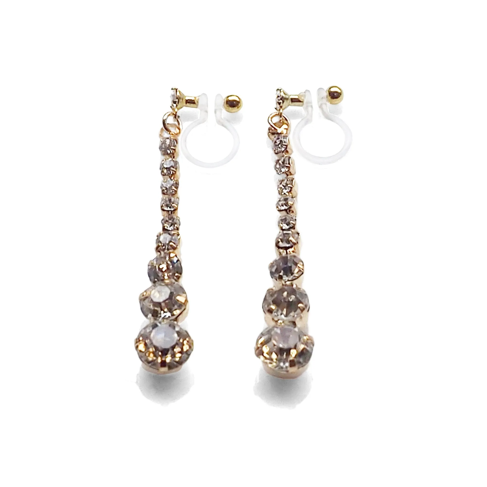 Bridal long rhinestone crystal invisible clip on earrings ( gold tone )