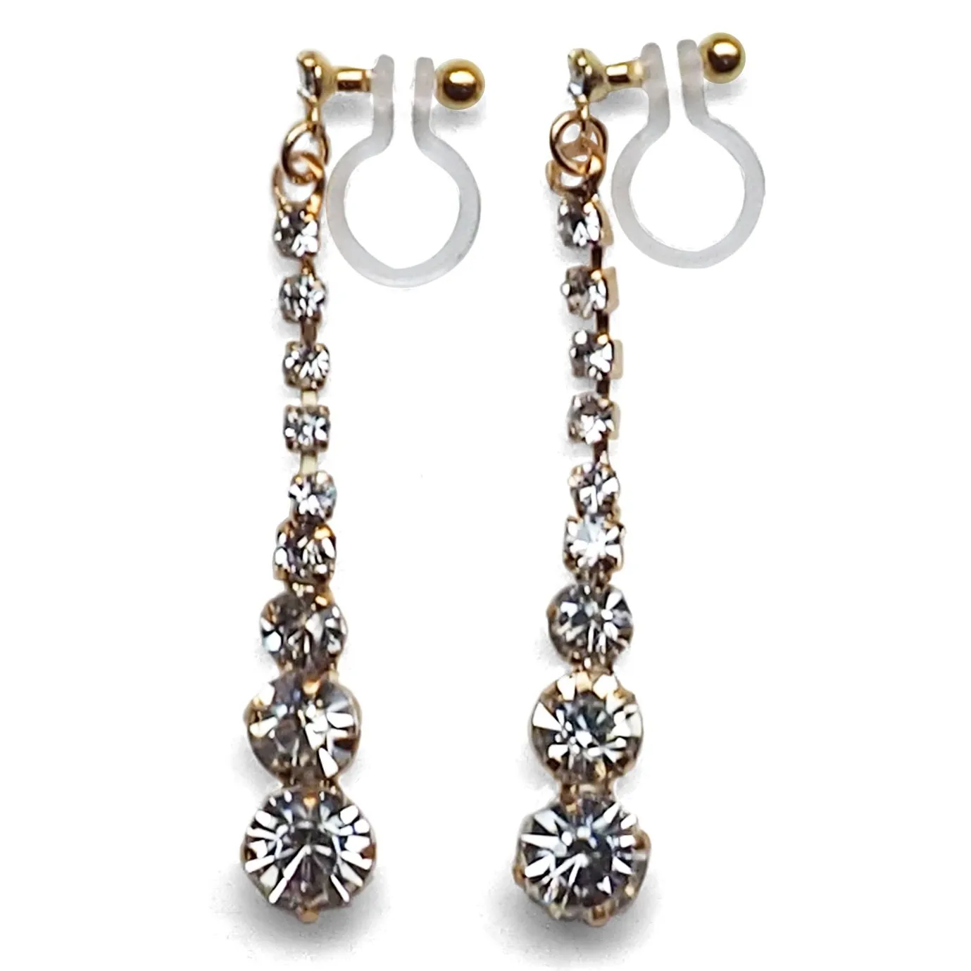 Bridal long rhinestone crystal invisible clip on earrings ( gold tone )