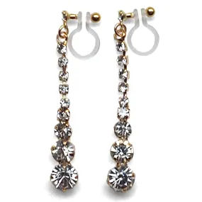 Bridal long rhinestone crystal invisible clip on earrings ( gold tone )